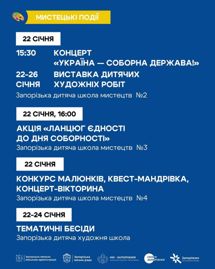 До Дня Соборності України у Запоріжжі відбудуться концерти, виставки, майстер-класи та інші заходи - афіша