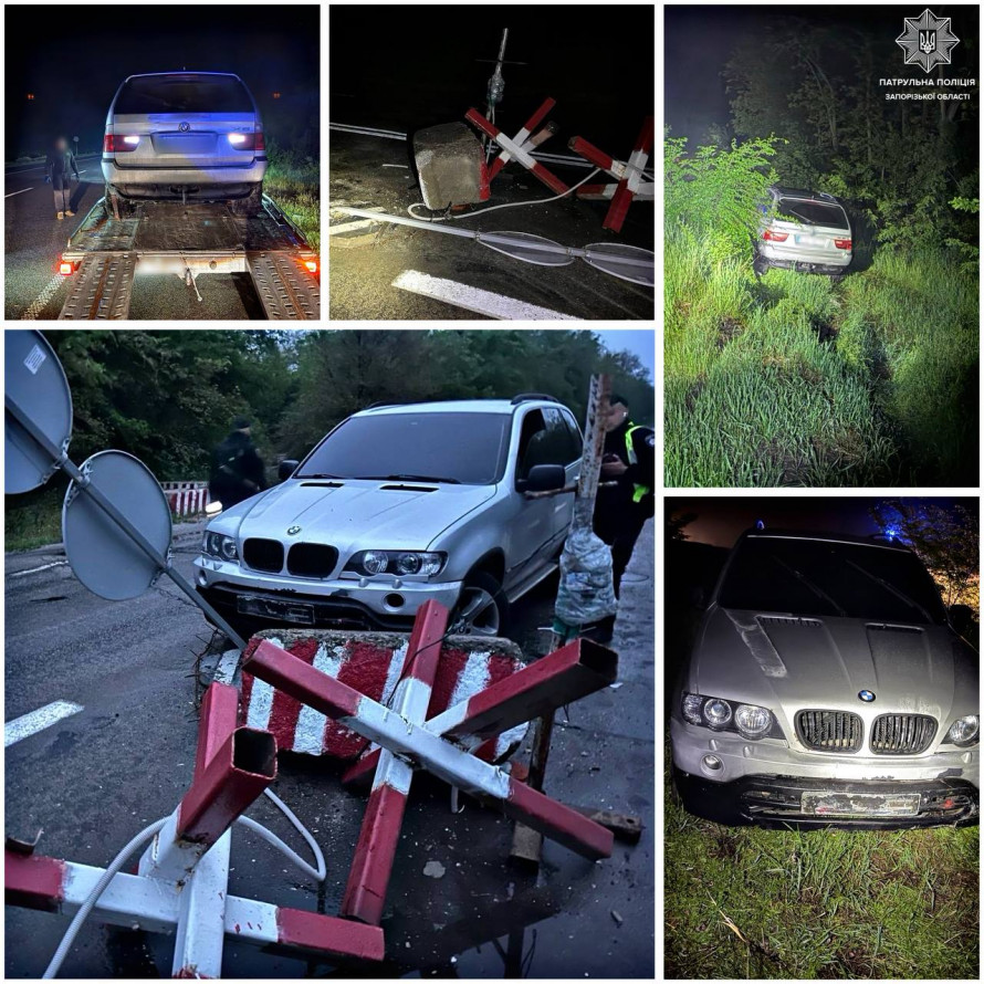 Екстремальна гонитва на Запоріжжі: нетверезий водій BMW протаранив блокпост і злетів у кювет (фото)