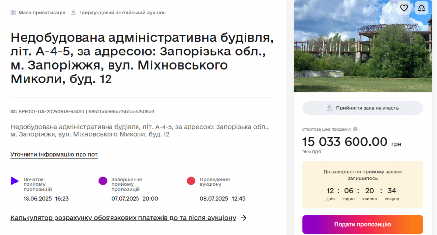 "Скелет" біля цирку - недобудовану адмінбудівлю в центрі Запоріжжя виставили на аукціон (фото)