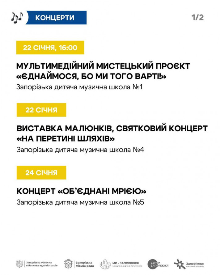 До Дня Соборності України у Запоріжжі відбудуться концерти, виставки, майстер-класи та інші заходи - афіша