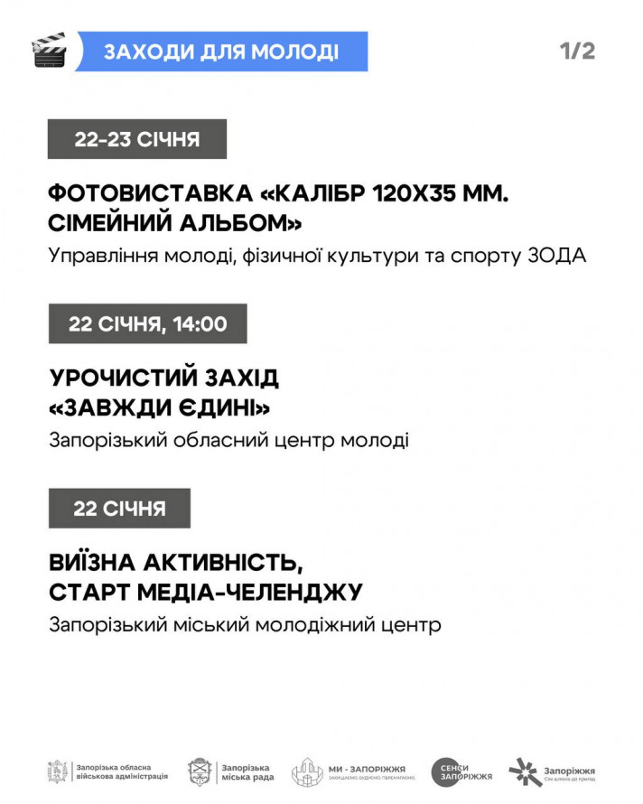 До Дня Соборності України у Запоріжжі відбудуться концерти, виставки, майстер-класи та інші заходи - афіша