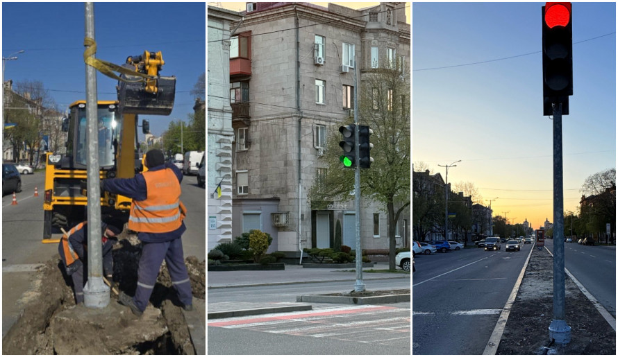 Вирвало із землі ударом: У Запоріжжі відновили світлофор на Соборному після ДТП (фото, відео)