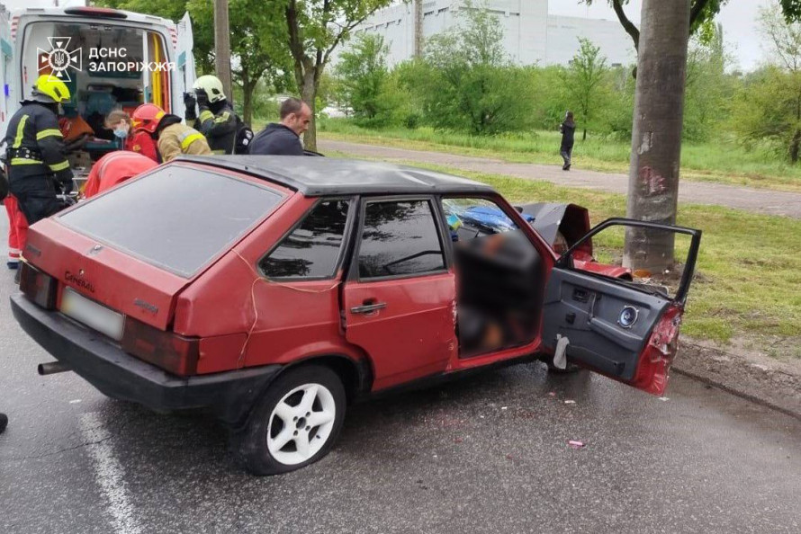 У Запоріжжі легковик врізався в електроопору: пасажира затисло у понівеченому авто (фото)