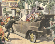 Загибель ерцгерцога Франца Фердинанда, яка стала приводом до початку першої світової війни. Ілюстрація з паризької газети Le Petit Journal, 1914 рік.