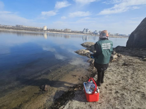 Екологи беруть проби води з річки Дніпро для аналізу на забруднення