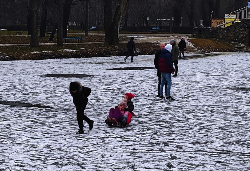 Запоріжці грають у хокей на замерзлому озері в центральному парку - фото