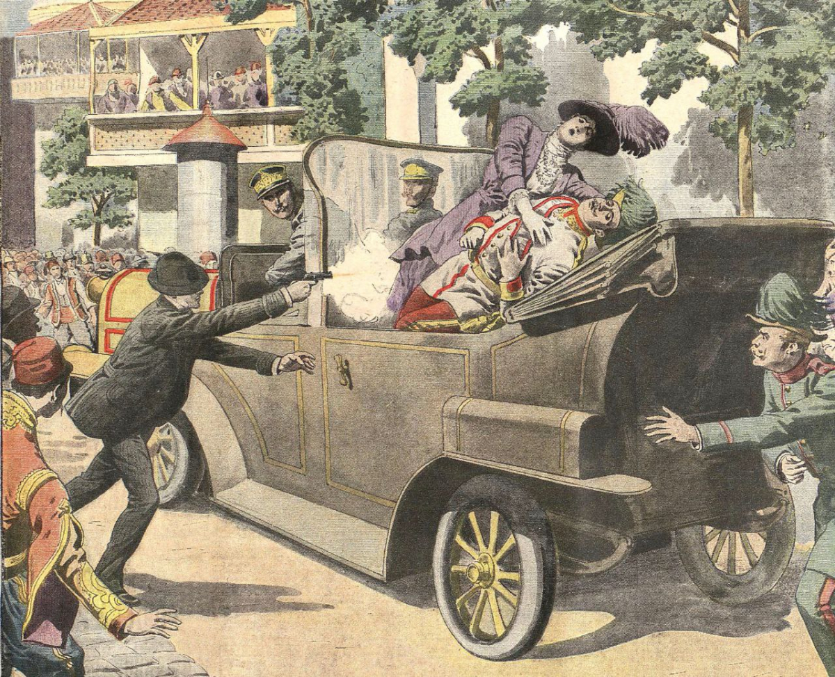 Загибель ерцгерцога Франца Фердинанда, яка стала приводом до початку першої світової війни. Ілюстрація з паризької газети Le Petit Journal, 1914 рік.